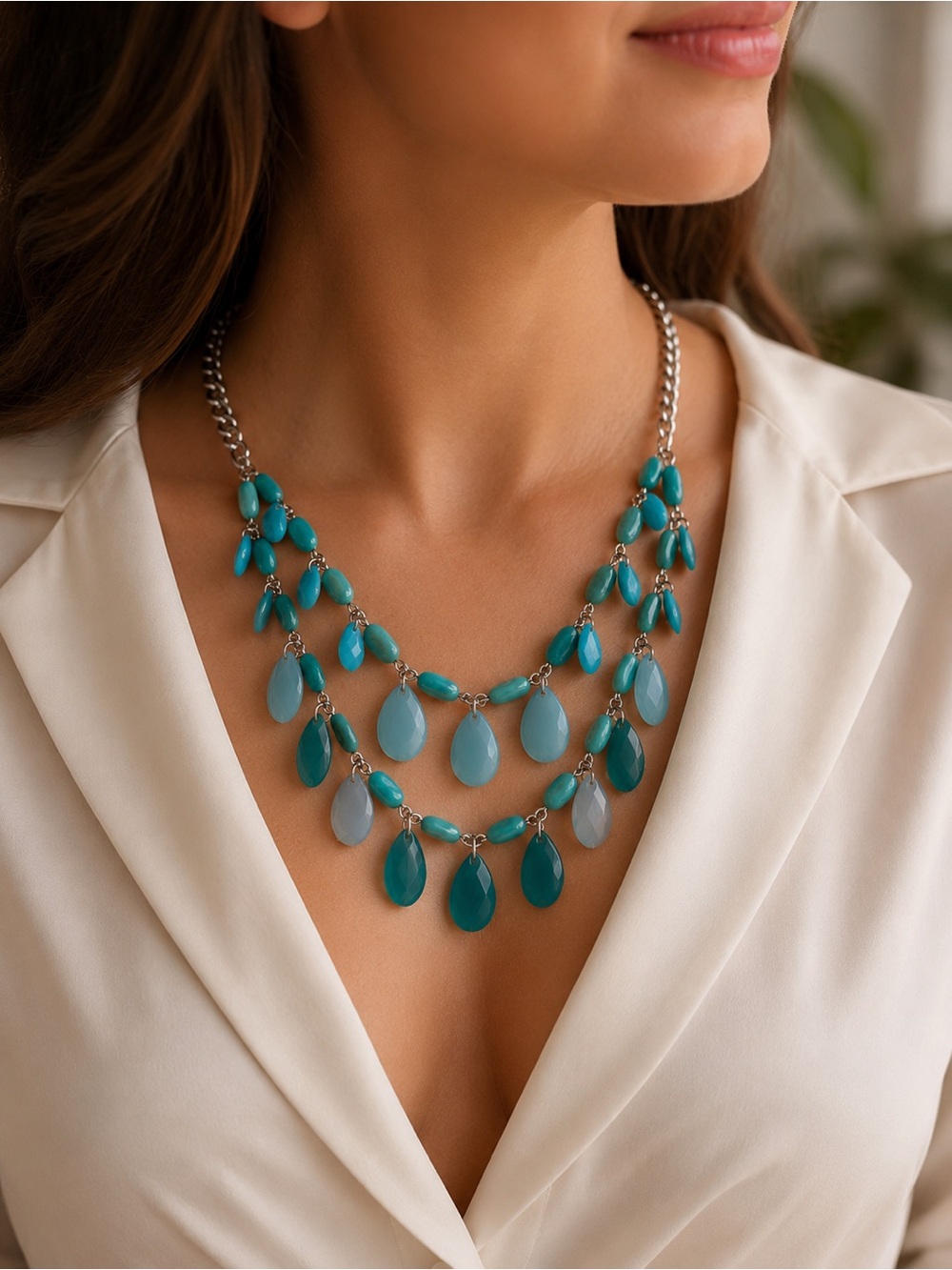 90s turquoise Teal Layered Statement Bib Necklace Festival Boho 26.9'